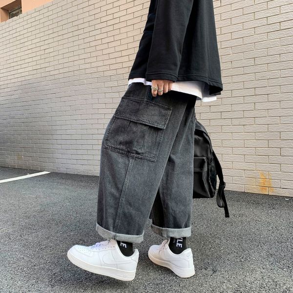 

men's jeans autumn korean straight fashion retro multi-pocket tooling men streetwear loose hip-hop denim trousers mens, Blue