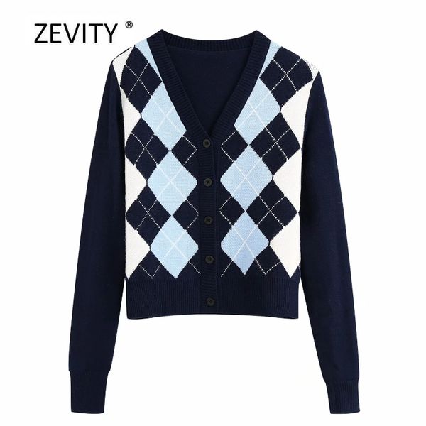 

women's knits & tees zevity england style women vintage rhombus pattern knitting casual slim sweater female cardigan chic retro s302, White