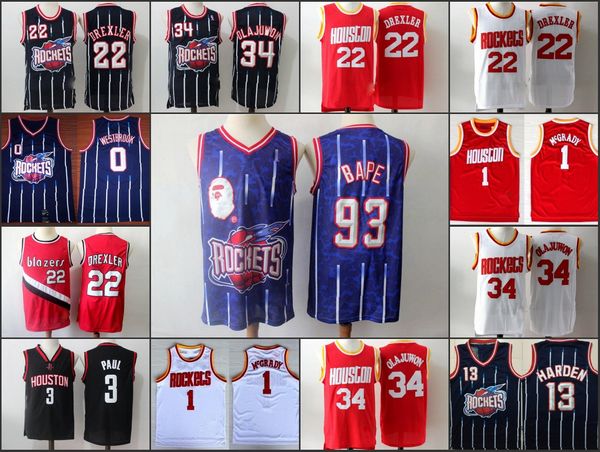 

men houston rockets james harden tracy mcgrady chris paul hakeem olajuwon russell westbrook nba clyde drexler jersey, Black