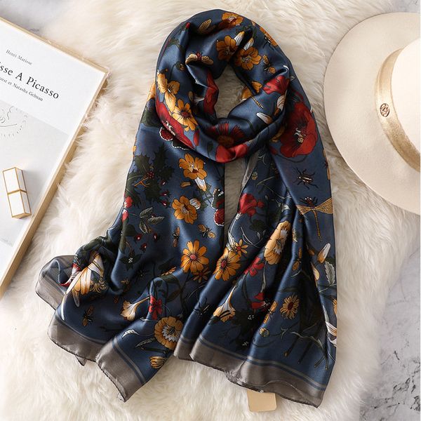 

scarves 2021 women silk scarf winter hijab lady fashion flower shawls female beach print soft pashimina bandana, Blue;gray