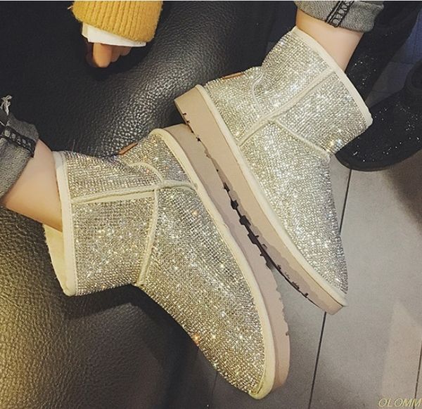 

women shoes, snowy boots, women's short boots, diamond shiny sequins, thick wool warm cotton boots, Black