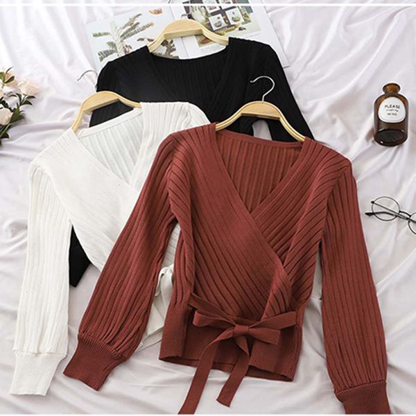 

ljsxls autumn winter elegant bow knitted sweater woman v-neck pullovers sweaters long sleeve slim jumper 2020 women clothing, White