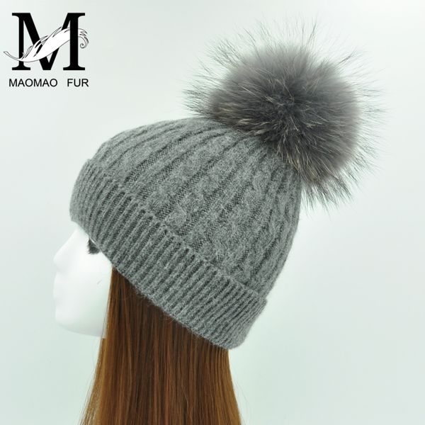 

beanies winter real fur ball beanie thick knit hat women warm raccoon pom poms skullies wool knitted