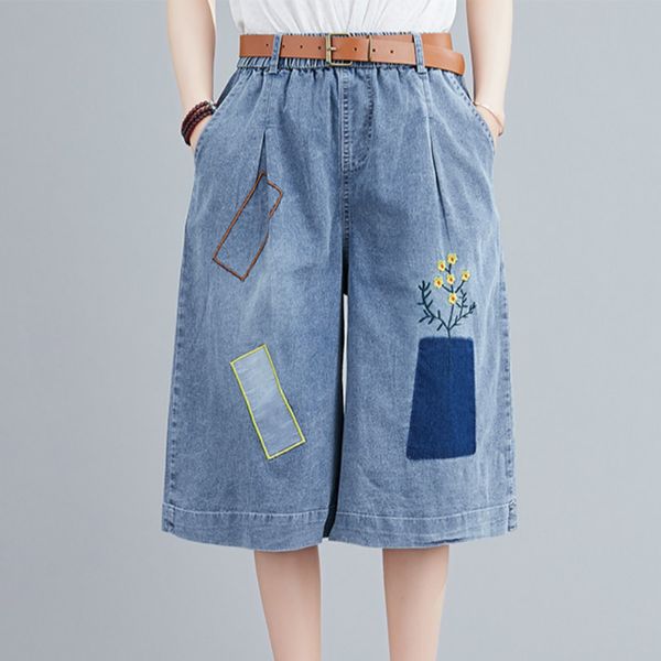 

summer flower embroidered wide leg loose flare 7 points jeans denim shorts for women (with belt) m  xl, White;black