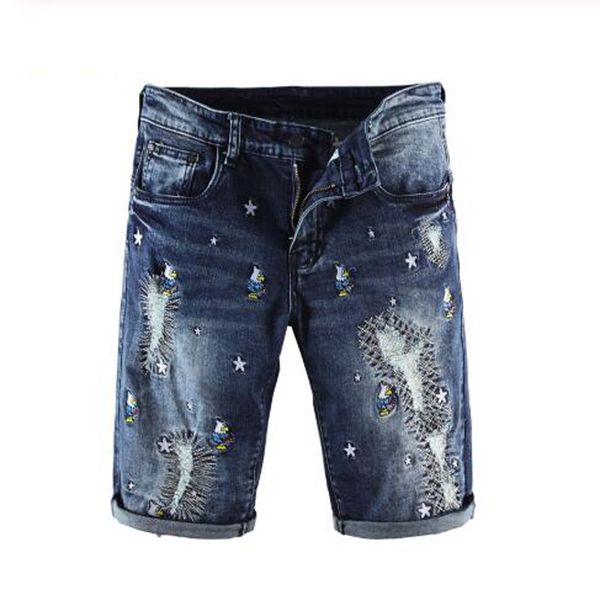 

new men's male fashion casual stars birds embroidery patchwork stretch denim shorts summer knee length slim straight jeans capri, Blue