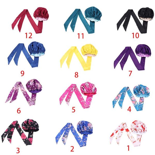 

women floral satin sleeping cap with long ribbon double layer bonnet head scarf cover elastic hair loss beanie turban chemo hat, Blue;gray