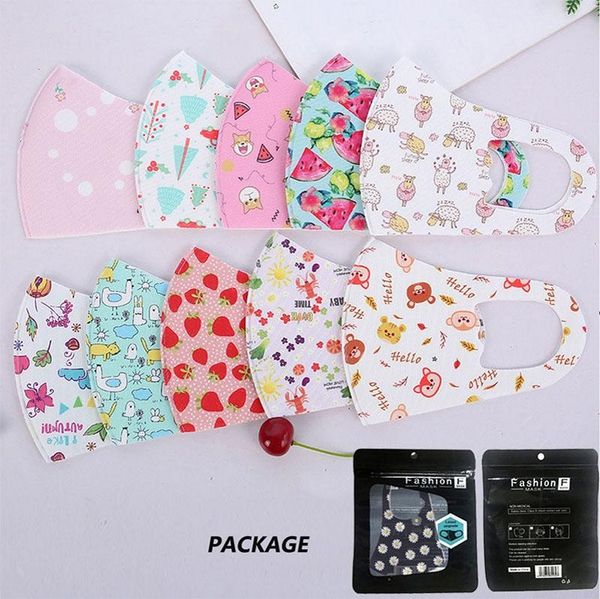 

kids cartoon printed washable face mask individual black gift package anti dust respirator anti-bacterial reusable silk ice child