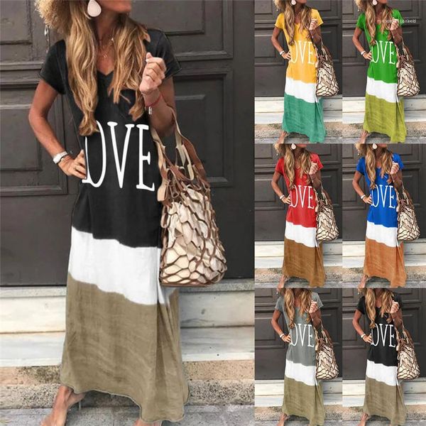 

neck woman summer clothes love print patchwork loose long ladies dress short sleeve casual dresses plus size women designer dresses v, Black;gray