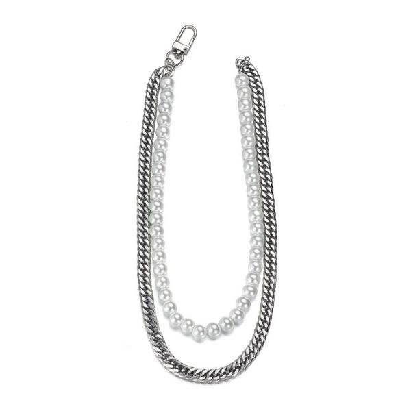 

chokers hip-hop double-layer choker necklaces for men woman pearl chain link stainless steel necklace punk jewelry, Golden;silver