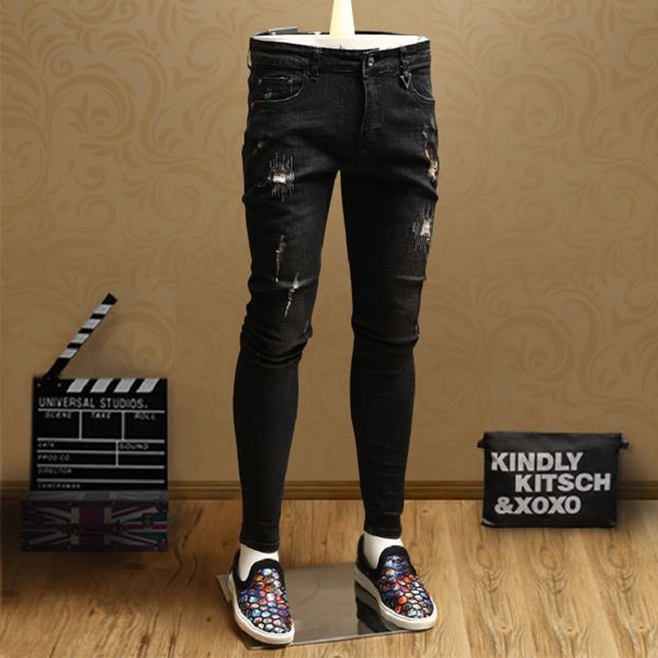 

men's jeans skinny ripped hole black men casual stretch cotton pencil pants, Blue