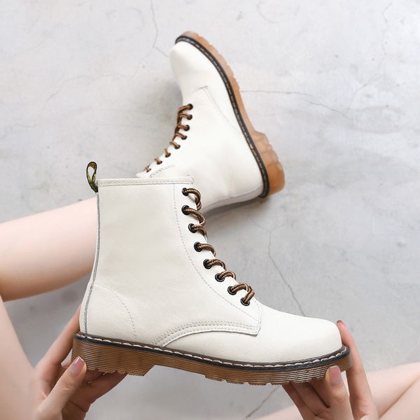 

new winter boots women british style ankle boots genuine leather black comfortable round toe flat with western lace -up pu