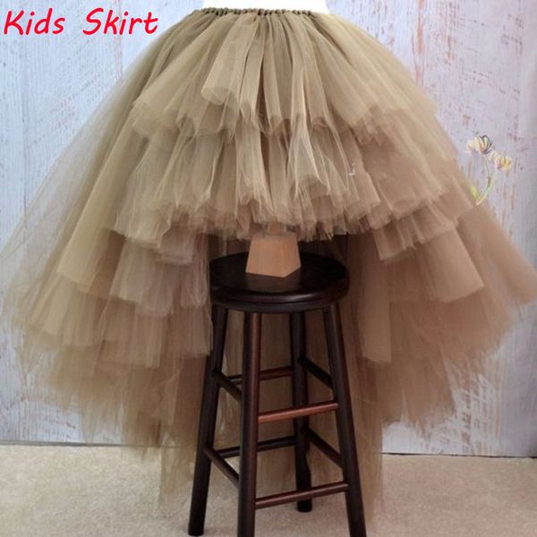 

new arrival khaki high low tulle kids skirt custom made hi lo asymmetrical chic kids dress tiered tulle tutu, Red;yellow
