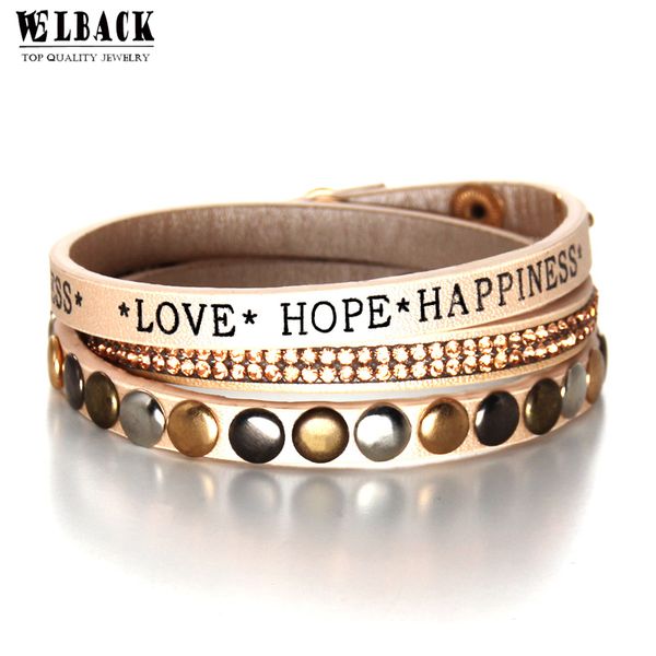 

2020 fashion new brand fine jewelry rhinestone crystal rivet love hope happiness leather warp bracelet for women, Golden;silver