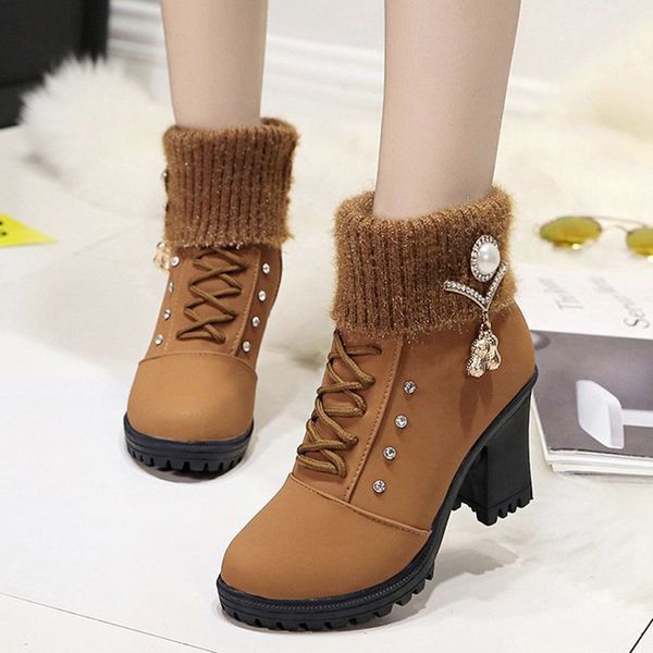 

2020 winter shoes women platform ankle boots rhinestone snow shoes cross-tied high heels warm plush booties botas mujer 8373n, Black