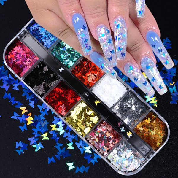 

holographic nail glitter sequins sparkly 12 grid /set eye makeup sequins 3d thin butterfly flakes polish decals nail art decorations, Silver;gold