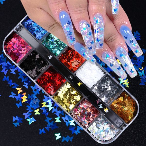 Holografik Tırnak Glitter Sequins Sparkly 12 Izgara / Set Göz Makyaj Sequins 3D Ince Kelebek Gevreği Lehçe Çıkartmaları Nail Art Süslemeleri