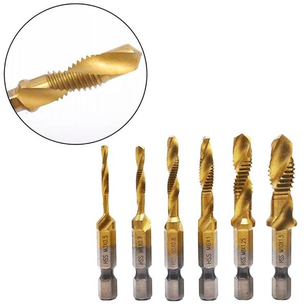 

6pcs 1/4" m3-m10 screw tap drill bits hss countersink coated taps hex shank thread titanium woodworking drill bits hand tools