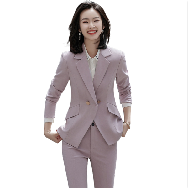 

women's two piece pants 2021 pink suit women autumn business formal full sleeve single button side pockets blazer with female 2 set, White