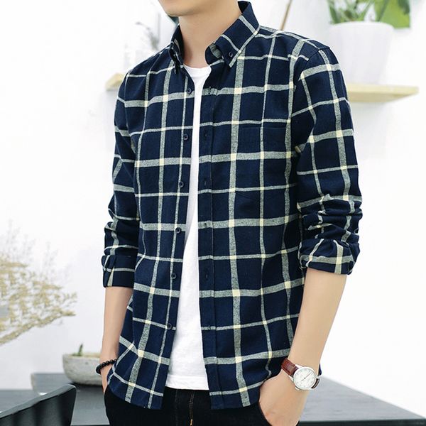 

hcxy brand mens long sleve shirts japanese and korean version checked shirts for men casual brushed plaid shirt male, White;black