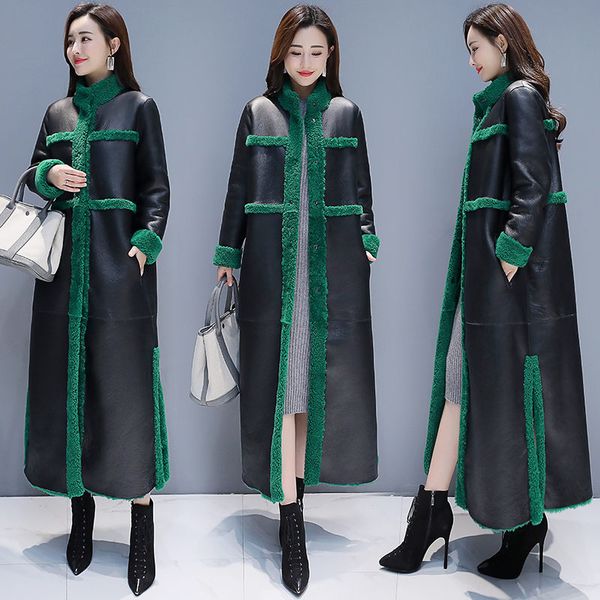 

women's fur & faux double-faced leather coat fashion winter parker jackets 2021 lamb long thick casaco feminino f2074, Black