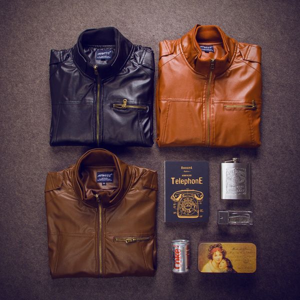 

2020 new japanese men's leather jacket stand collar leather jacket trendy boutique leather jacket y93, Black;brown