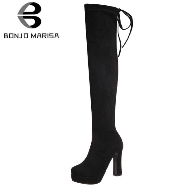 

boots bonjomarisa ladies street thigh high elegant flock over the knee women heels platform shoes, Black