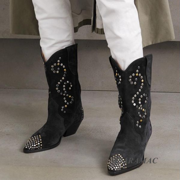 

real suede leather studed knight boots bohemian pointed toe block heel long boots designer winter shoes women, Black