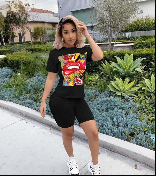 

2020 два piece set женщины tracksuit летняя одежда sexy lips печать тенниска biker шорты комплект одежды для женщин бег femme, Gray