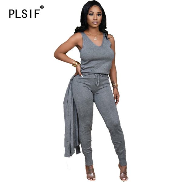 

women's tracksuits simple pure color u neck sleeveless belt special design crop and pants 2 pieces set high street lady fashion, Gray