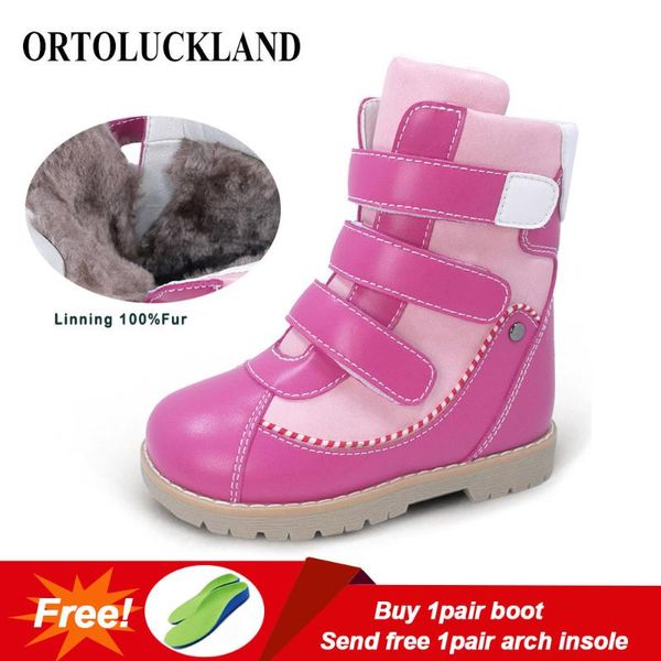

ortoluckland children winter shoes orthopedic boots fur leather calf short snow boots for girls pink warm fashion kids shoes, Black;grey