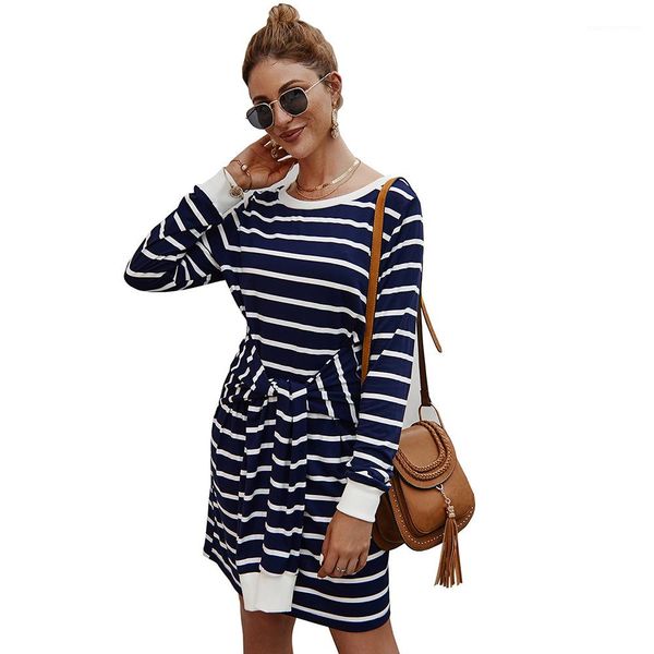 

casual dress famale slim fit clothes women striped knit dress crew neck long sleeve belt, Black;gray