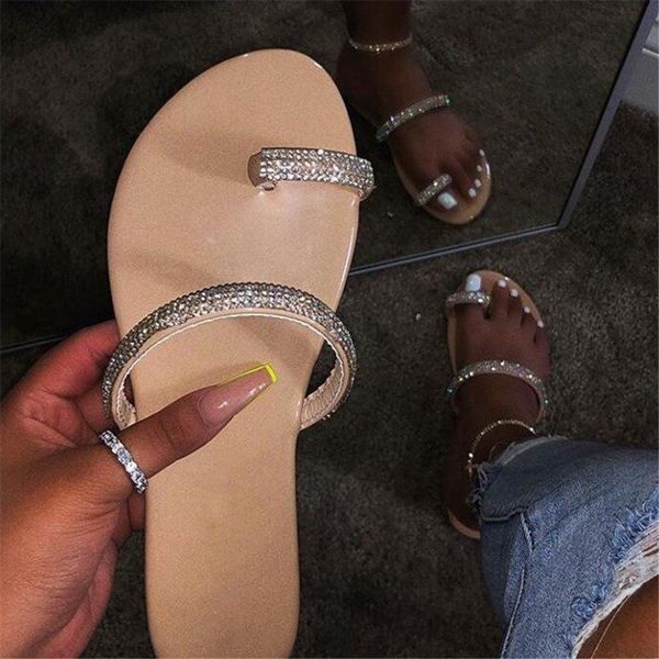 

New Rhinestone Bright Diamond Slippers 2020 Women Shoes Diamond Flat Sandals Outdoor Beach Shoes Wild Single Finger Flip Flop PH-CFY20041631
