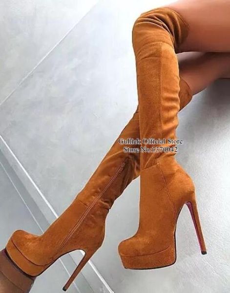 

brown suede over the knee boots high platform stretch long boots women high heels zipper dress shoes drop ship, Black