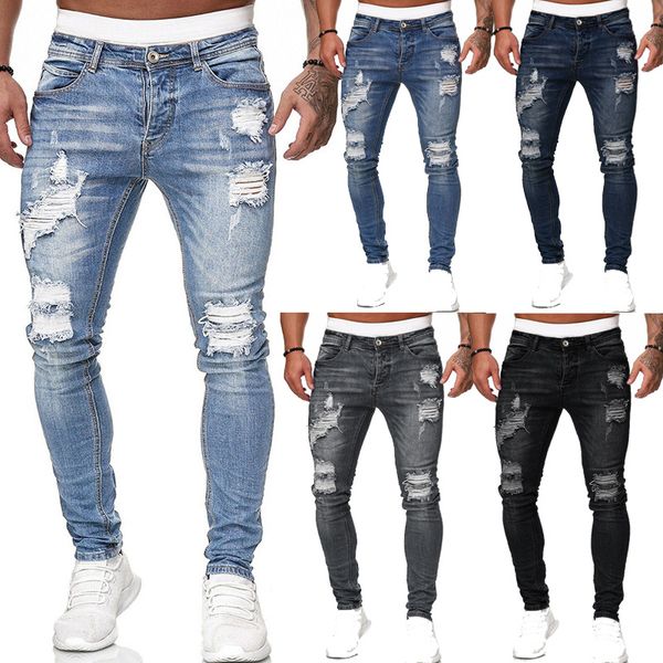 

men's jeans fashion men skinny stretchy pant slim fit denim stretch long casual, Blue
