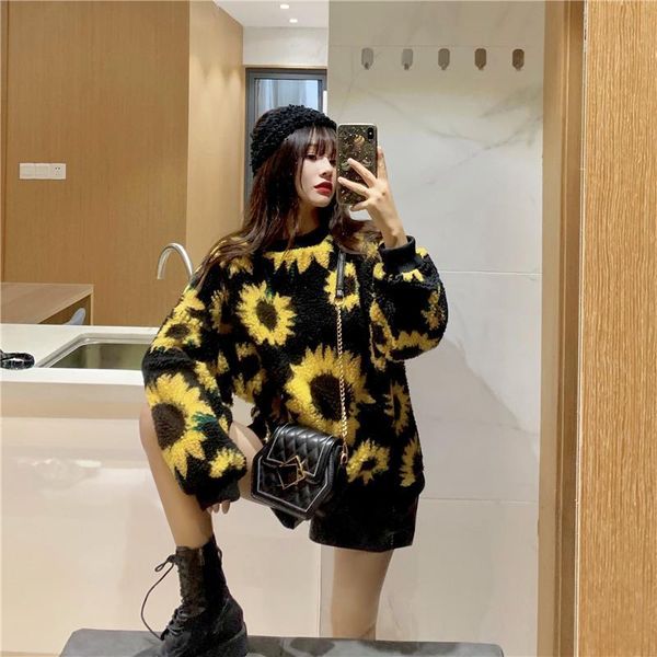 

badamana sunflowers new artificial lambs wool sweater women's pullover loose bf style sweat fluffy coat oversize spring autumn, White;black