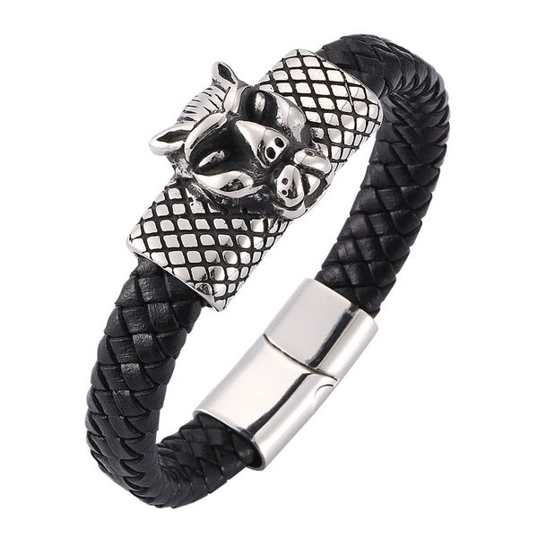 

punk jewelry dog head ornament genuine leather bracelets for men wristband gifts dropshipping c0282, Golden;silver