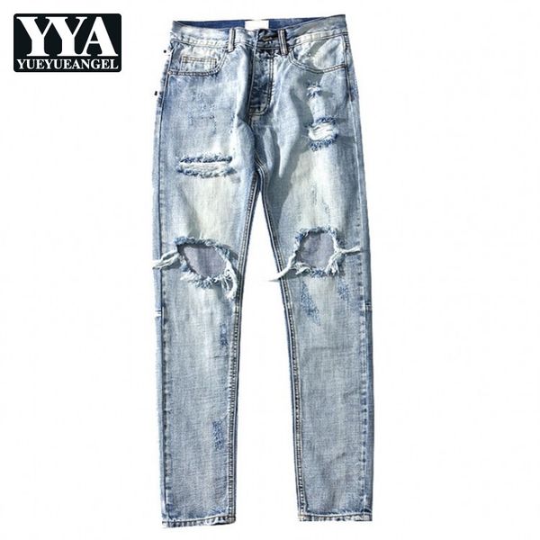 

casual slim hole ripped jeans men high street light blue zipper denim pencil pants summer new vintage hip hop trousers s-2xl