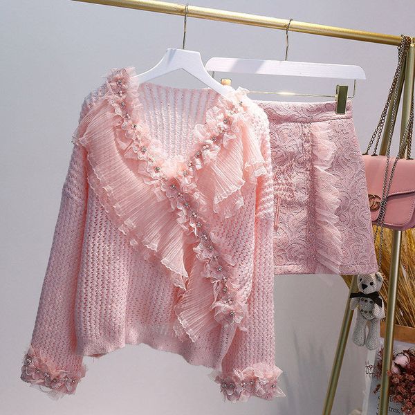

two piece dress women autumn winter clothing set fashion v neck lace beading appliques sweaters and pink skirts suit party sets ns23, White