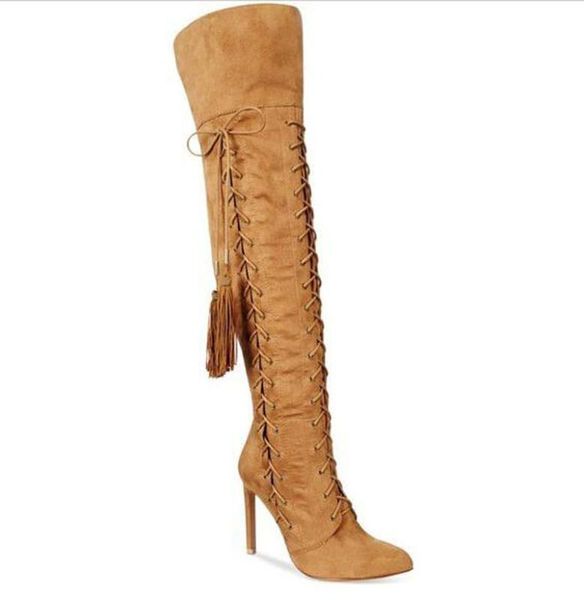 

new arrival women fashion pointed toe lace-up suede leather tassels high heel boots over knee gladiator boots ing, Black