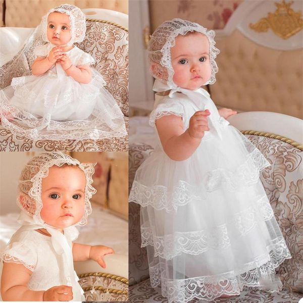 

cap sleeve lace christening dresses with hood handmade toddler baptism gowns tiered skirts kids first communication dress, White