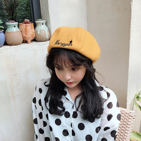 

beret ladies autumn and winter embroidery hat casual japanese octagonal hat cute painter tide, Blue;gray
