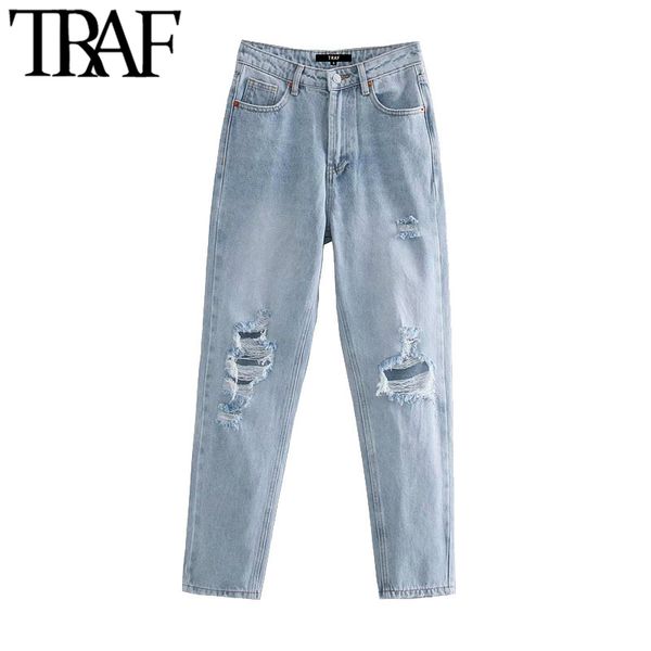 

women's jeans traf women chic fashion ripped hole side pockets vintage high waist zipper denim female ankle trousers mujer, Blue