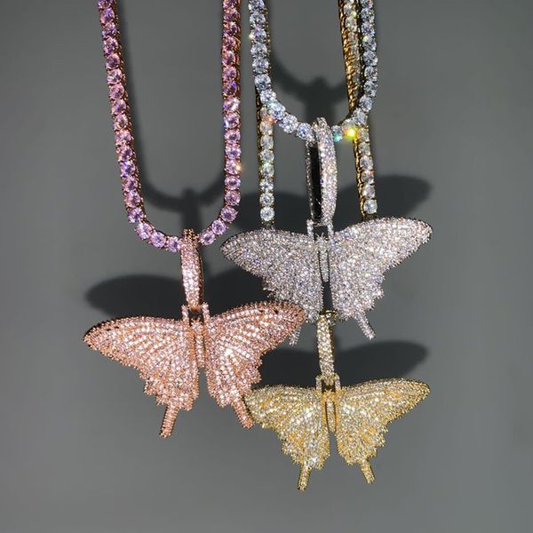 

pendant necklaces hip hop cz stone paved bling iced out butterfly pendants necklace for women men rapper jewelry with 18inch tennis chain, Silver