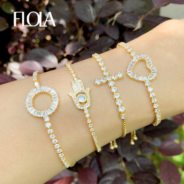 

charm bracelets flola gold fatima hand cross for women adjustable zirconia round heart bracelet cz accessories brtc30, Golden;silver