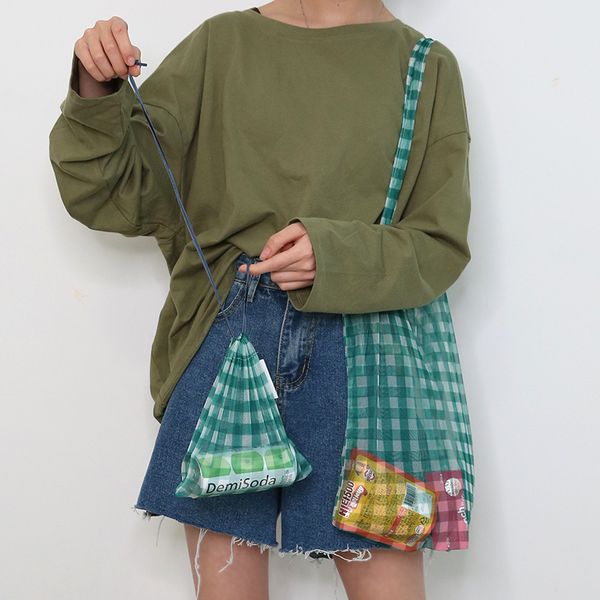 

new plaid mesh tote women transparent shoulder bag simple versatile reusable handbag foldable shopping bag