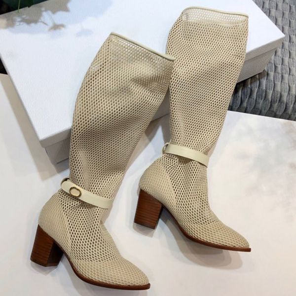 

new fashion solid hollow out boots brand design high heels women shoes luxury knee-high female boots elegant slip-on lady shoes, Black