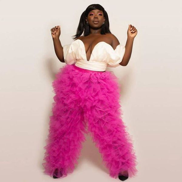 

fuchsia layered pants two pieces prom dress tiered tulle tulle evening dresses women formal party gowns halloween, Black