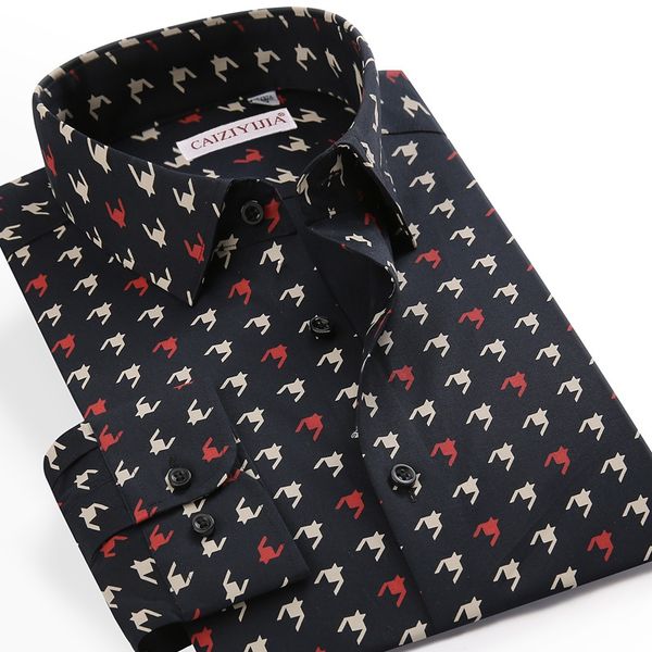 

caiziyijia men multicolor houndstooth printed long sleeve shirts mens cotton casual standard-fit beach shirt s-4xl, White;black