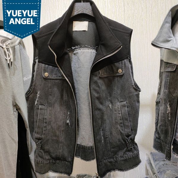 

new fashion women patchwork denim sleeveless jacket autumn outwear vest jean coat casual streetwear loose fit cowboy waistcoat, Black;white