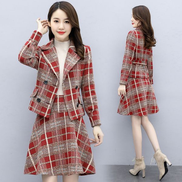 

two piece dress woolen office suits for women skirt set sashes tweed jacket and fashion 2 ensemble femme survetement, White